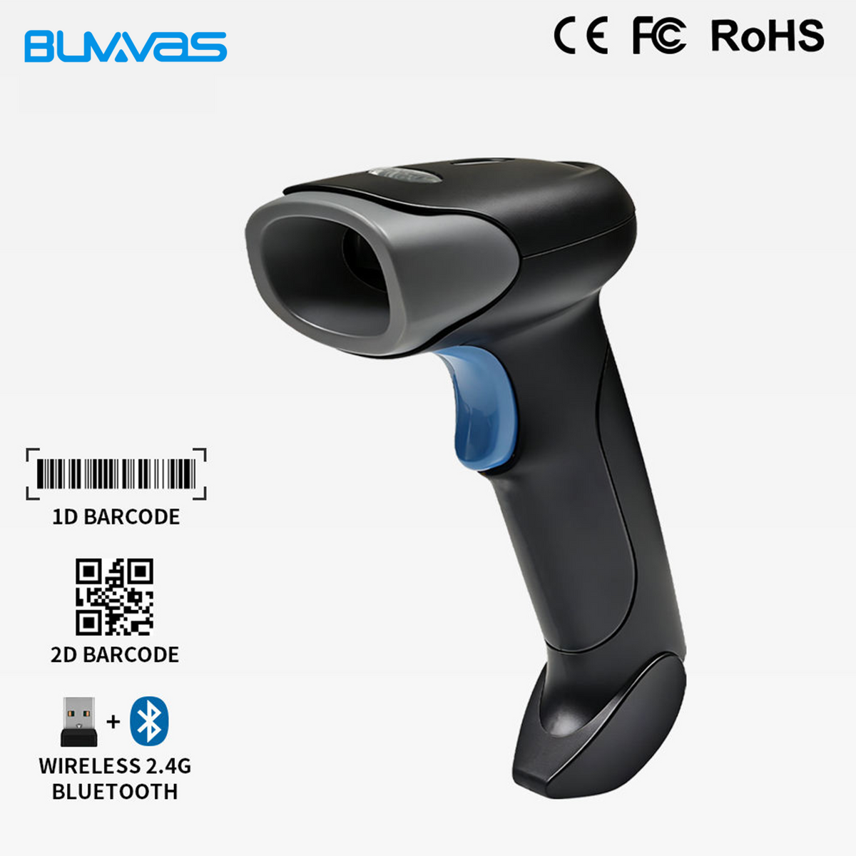 BUVVAS HC-710B 1D 2D Wireless Barcode & QR code Scanners | USB+Bluetooth+ 2.4GHz wireless
