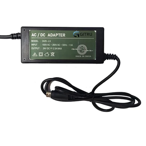 Power Supply Adopter 24V-2.5A | 3 Pin - 60Watt Compatable for All POS Thermal Printer Regular priceRs. 999.00 Sale priceRs. 600.00Sale Tax included. Key Specifications Model: 2425-L3 Input: 100V AC ~ 260V AC ~ 50Hz - 1.5A Output: 24V DC = 2.5A MAX MADE IN INDIA Compatible to All 3 inch Receipt and Label Printers Compatible to Epson, TVS, TSC, ATPOS, Shreyans, Evercom, Buvvas, Impact, 